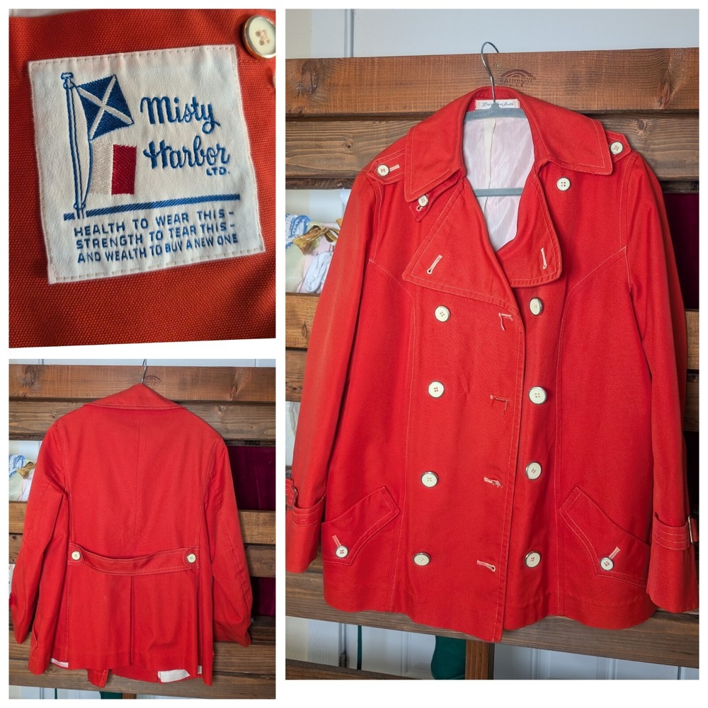 "Wear in good health" vintage Misty Harbor double breasted jacket. Orange/coral.